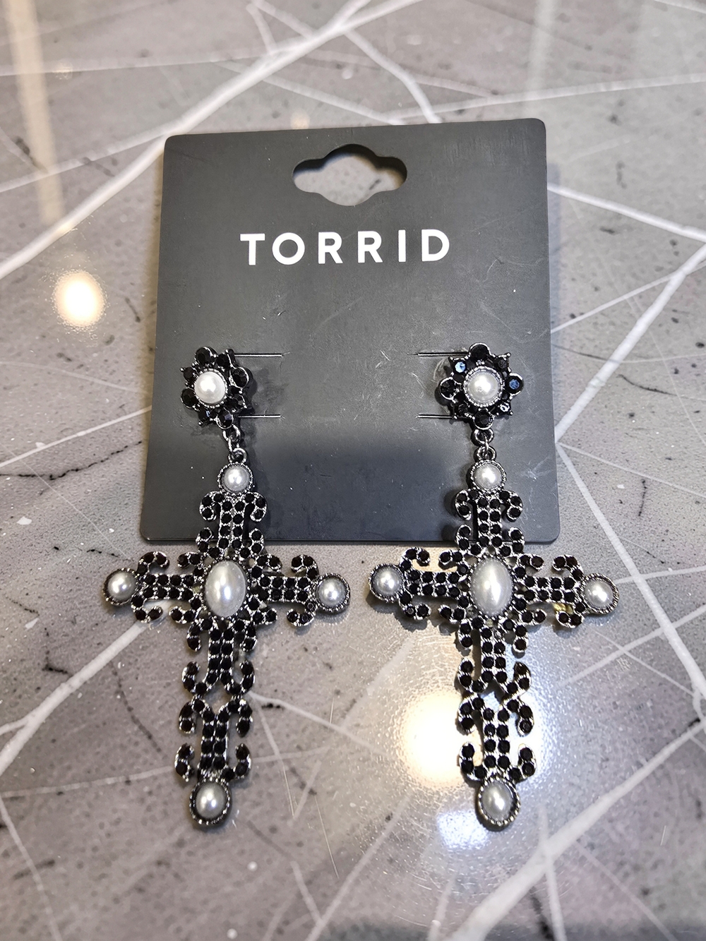 Torrid Gothic Black Rhinestone & Pearl Cross Drop Earrings
